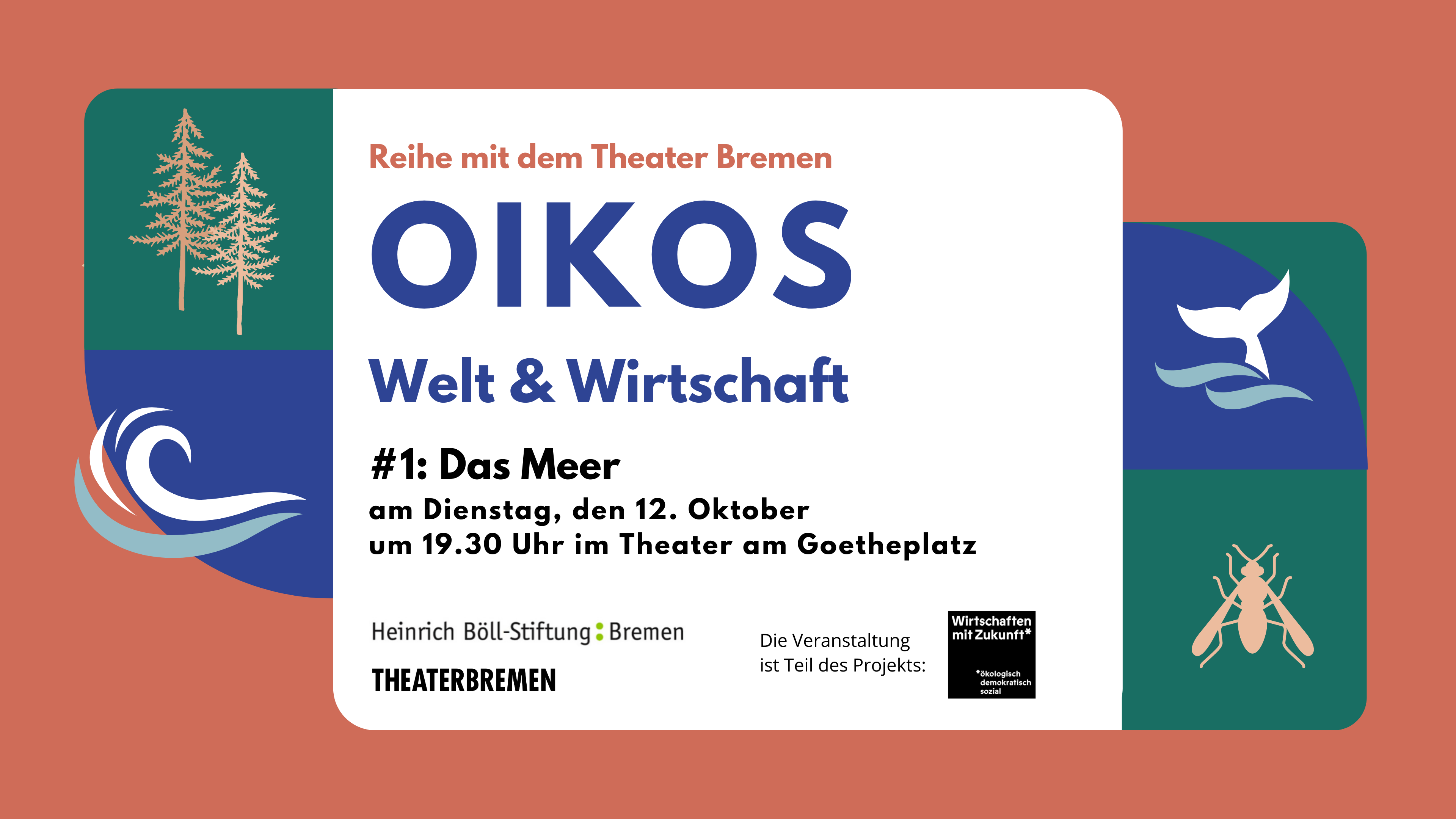 Eine Grafik mit Text und Symbolen. Der Hintergrund ist dunkel-orangere, darauf steht: OIKOS: Welt und Wirtschaft #1 Das Meer.