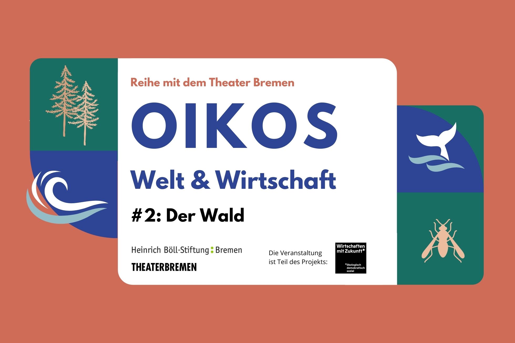 Eine Collage aus Text und Bild auf einem orange-roten Hintegrund. In der Mitte steht in einem weißen Kasten: OIKOS. Welt & Wirtschaft. #2 Der Wald. Drumherum sind Symbole von einem Baum, einer Welle, einer Walflosse im Wasser und einem Insekt.