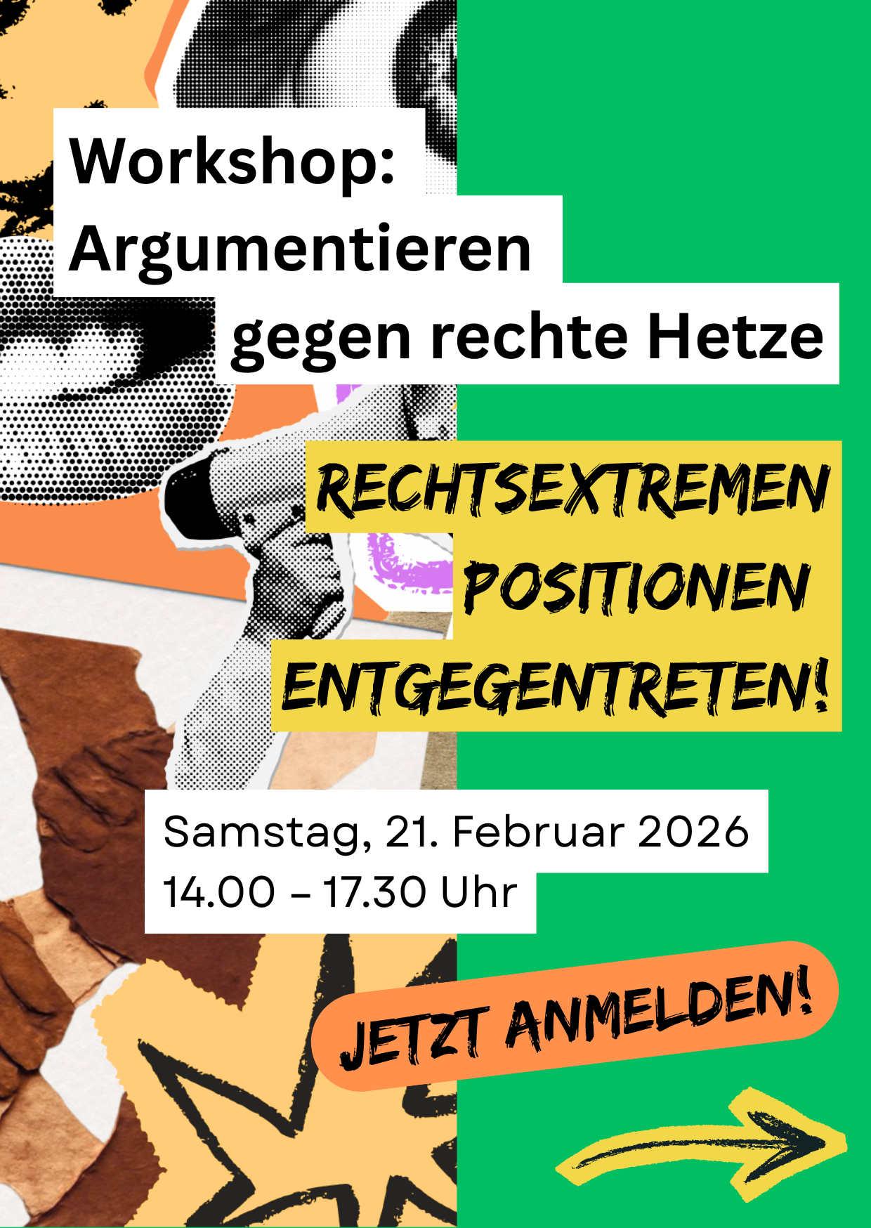Flyer Argumentationstraining am 21.2.2026 Rechtsextremen Positionen entgegentreten