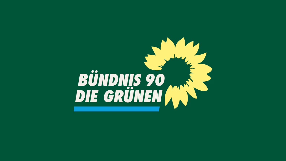 Das Logo von der Partei Bündnis 90/Die Grünen. Der Name steht in weiß auf dunkelgrünem Hintergrund, am Rand ist eine gelbe Sonnenblume.