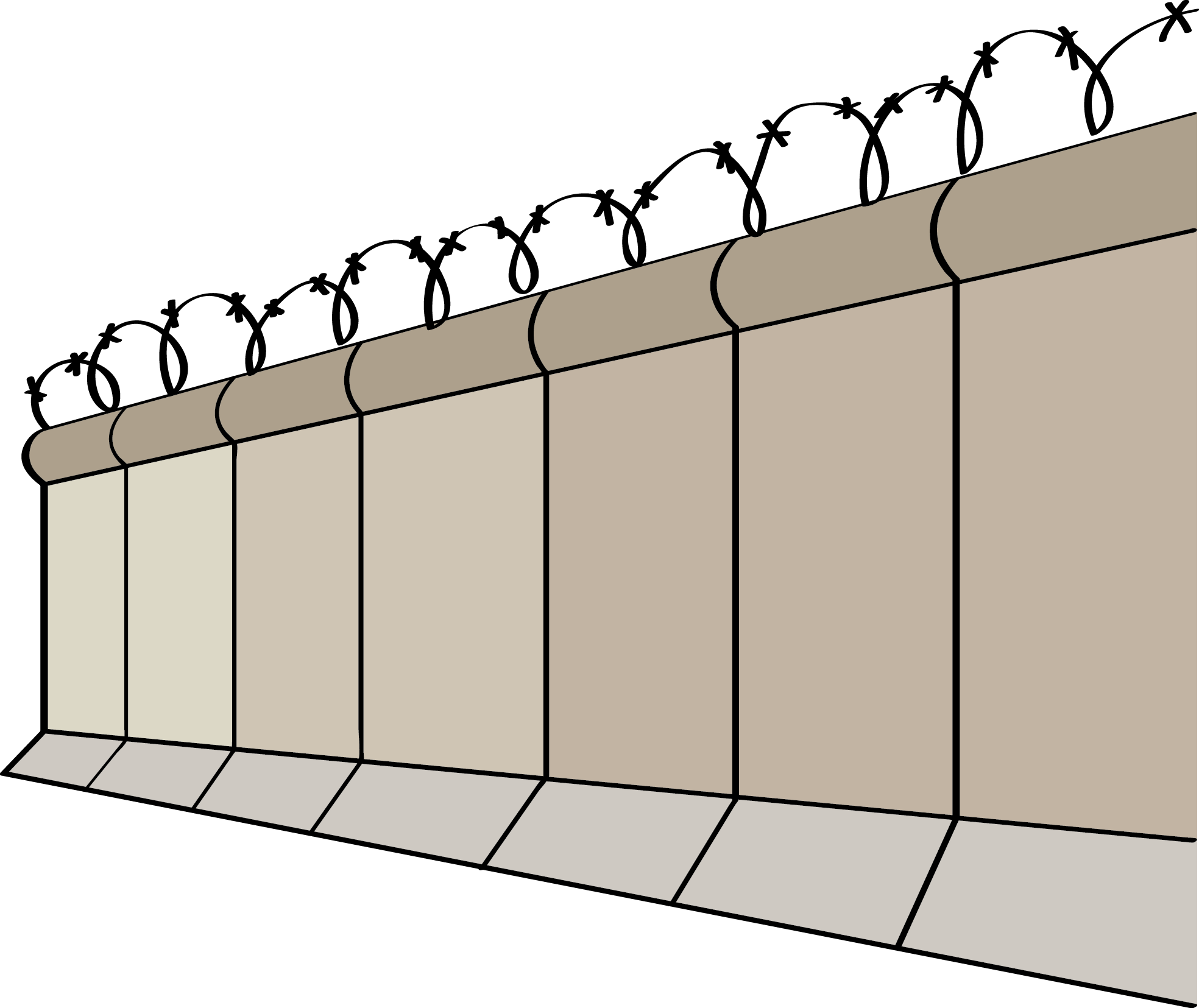 Zeichnung von einer Mauer. Sie hat oben noch Stacheldraht. So kann man nicht darüber klettern. Das Bild steht für ein Gefängnis.