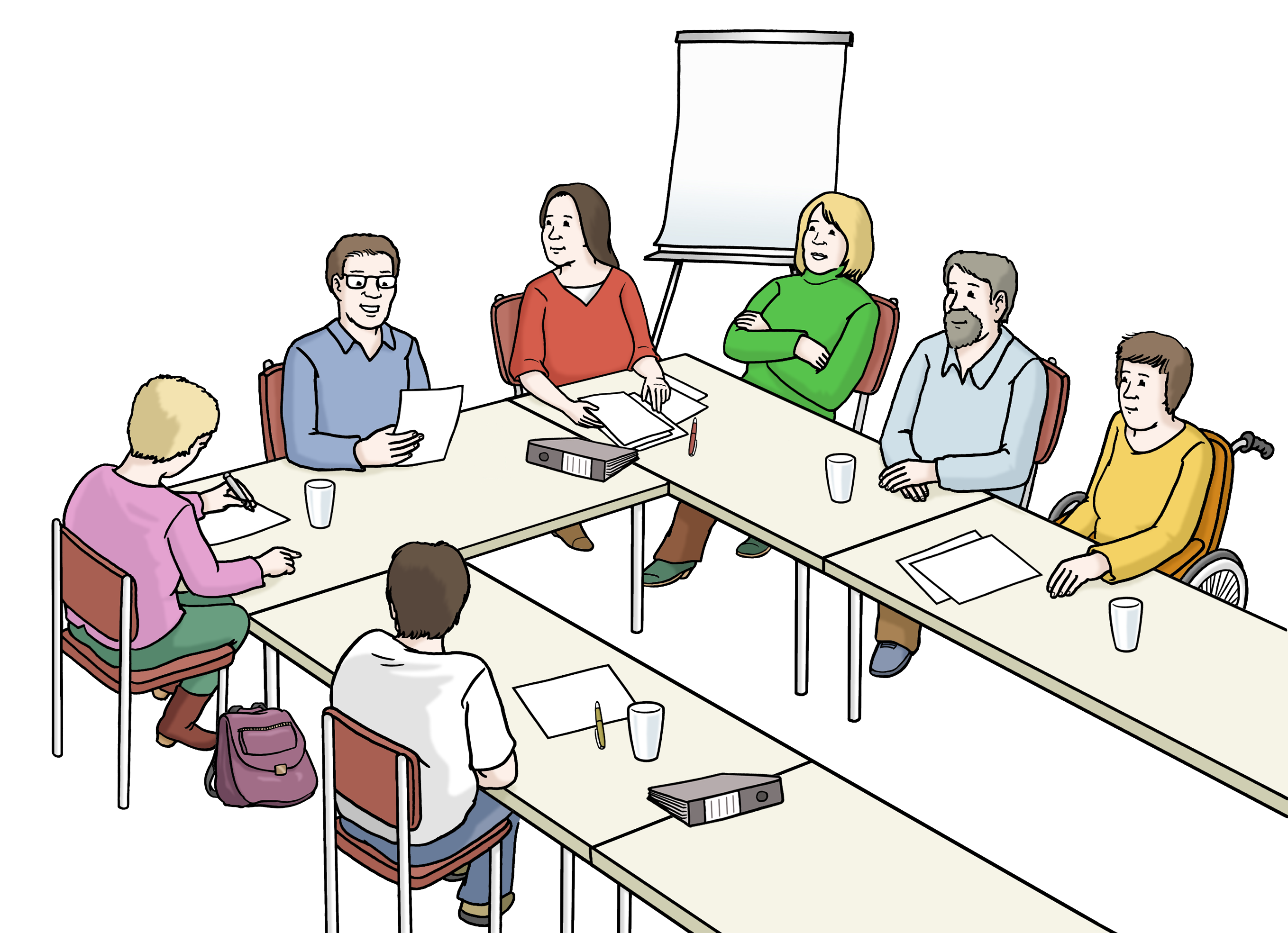 Zeichnung von Menschen, die an einem Tisch sitzen und gemeinsam an etwas arbeiten.