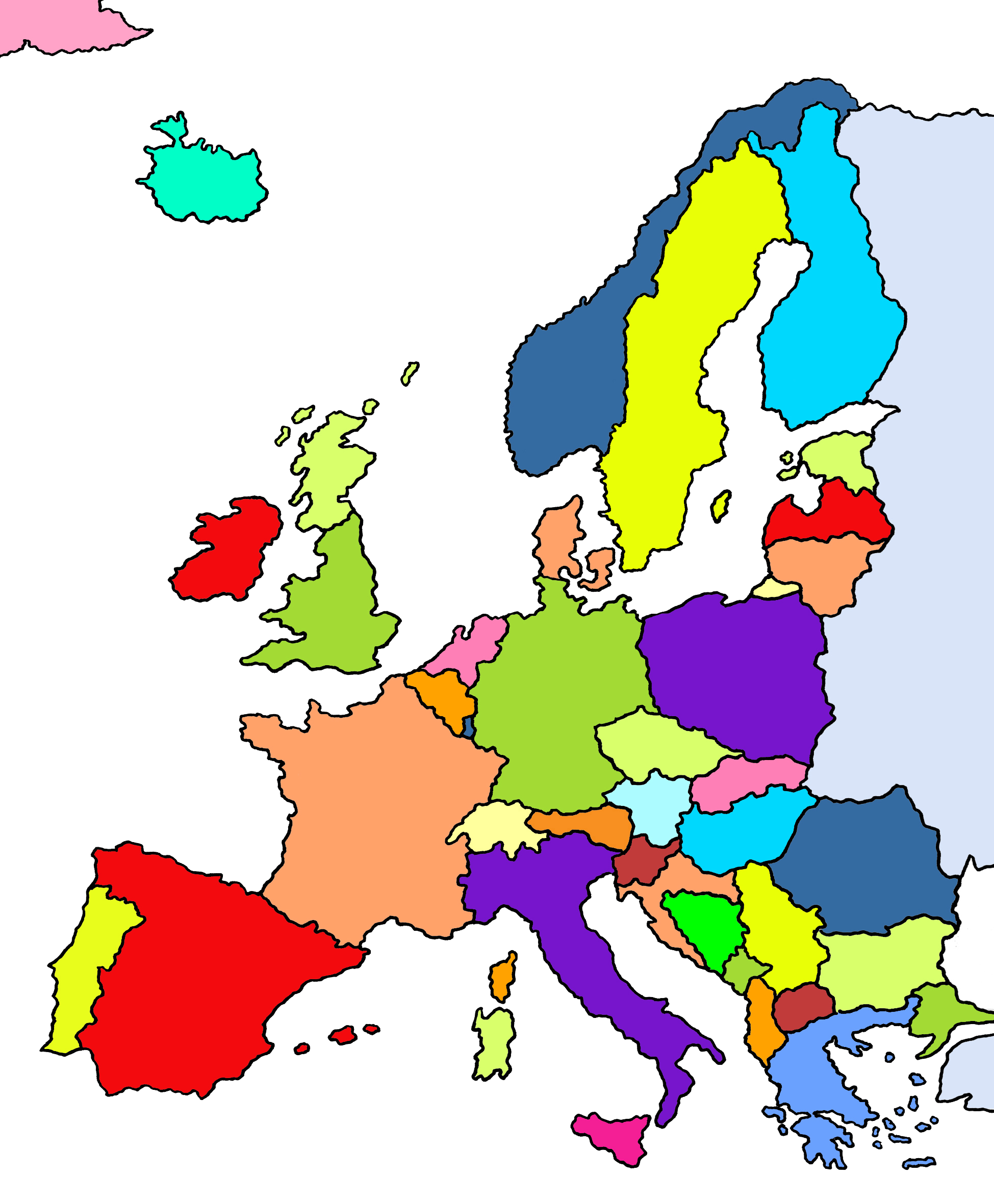 Eine Landkarte von Europa. Jedes Land hat eine andere Farbe.