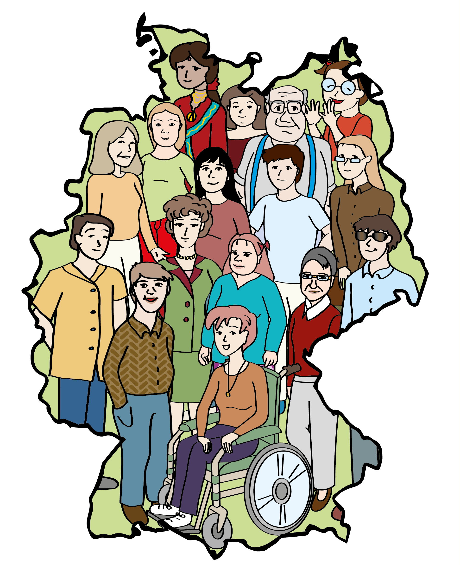 Eine Illustration von der Deutschland-Karte. In dem Umriss sind verschiedene Menschen abgebildet. Zum Beispiel Menschen im Rollstuhl, Menschen mit verschiedenen Haarfarben.