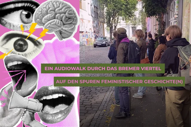 Bild zeigt Personen während des Audiowalks durch das Bremer Viertel. Auf den Spuren feministischer Geschichte(n).