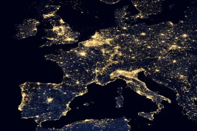 City lights on world map. Europe. 