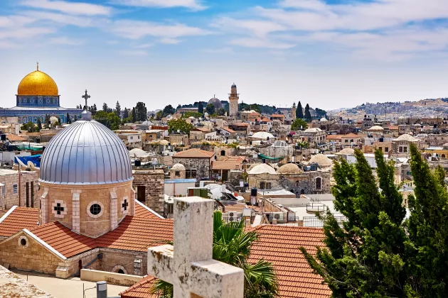 Panoramasicht auf die Christen, die jüdischen und muslimsakralen Orte von Jerusalem.