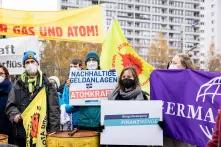 Mehrere junge Menschen auf einer Klima-Demonstration, sie tragen Masken und haben Plakate in der Hand.