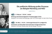 Eine Collage aus Text und Bild. Links sind zwei schwarz-weiß Bilder von Annette Ramelsberger und Ronen Steinke. Rechts steht: Die politische Wirkung großer Prozesse am Beispiel Nürnberg und NSU.