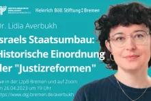 Ein Porträt von der Referentin Lidia Averbukh auf türkis-farbenem Hintergrund. Daneben steht in weißer Schrift der Titel der Veranstaltung: Israels Staatsumbau. Historische Einordnung der "Justizreformen"