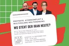 Collage aus einem weißen Textkasten mit dem Titel "Wo steht der Iran heute?" und Fotos von den drei Referent*innen.