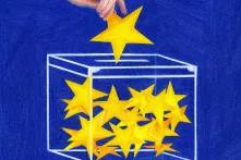 Eine gezeichnete Wahlurne mit gelben Sternen darin, symbolisch für die EU-Wahl