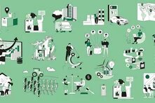 Titelbild des Wirtschaftsatlas: Eine Collage mit verschiedenen Illustrationen zum Thema Wirtschaft und Transformation