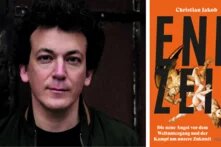 Eine Collage mit einem Foto des Autors Christian Jacob und dem Buchcover des Titels "Endzeit". Auf dem Buchtitel sind verdrehte Engelsskulpturen zu sehen, die die Endzeit symbolisieren sollen.
