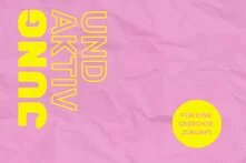 Textgrafik mit dem Titel des Podcasts "Jung und Aktiv" in gelber Schrift auf pinkem Grund