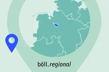 Podcastbild: Landkarte von Nord-West Deutschland. Bremen ist blau hinterlegt.