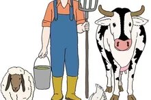 Zeichnung von einem Bauer mit einem Schaf und einer Kuh.