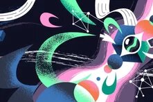 Dekoratives Bild mit bunten Formen auf schwarzem Hintergrund, im Stil eines Weltraum-Musters