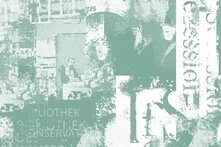 Collage in türkis und weiß mit alten Grafiken von Gelehrten und Textbausteinen "Bibliothek", "Konservativ", "Stiftung"