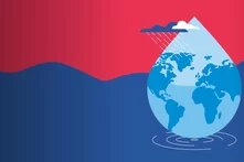 Hintergrundbild mit einem blauen Wellenmuster auf rotem Grund.