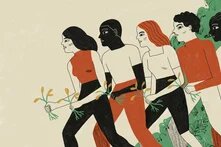 Illustration: Five people walk side by side holding branches with yellow flowers. The background is light, with hints of green bushes.