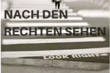 Britischer Zebrastreifen mit dem Schriftzug "look right"