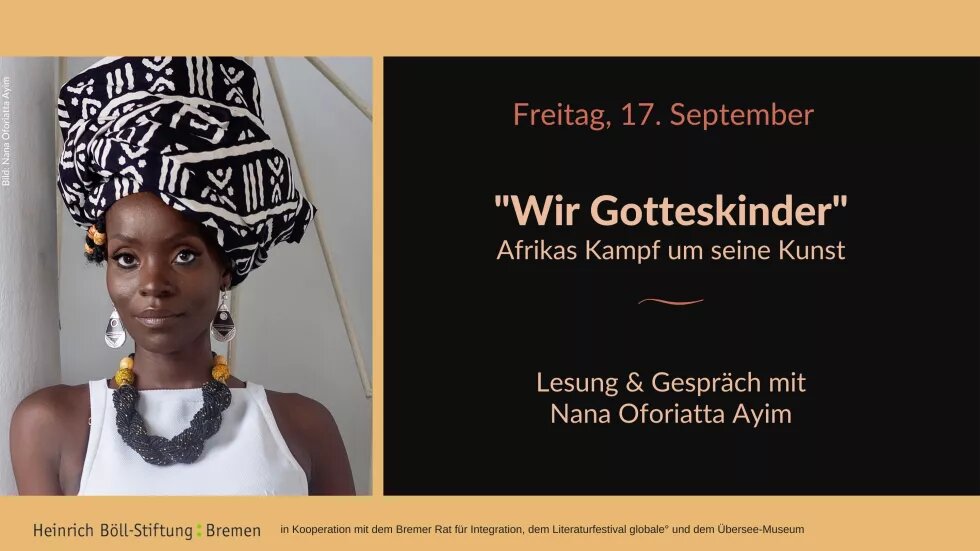 Ein Porträt-Foto von einer etwa 35-jährige Schwarzen Frau, daneben steht "Wir Gotteskinder".