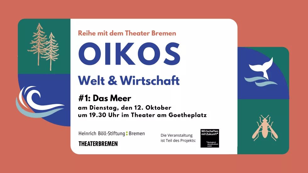 Eine Grafik mit Text und Symbolen. Der Hintergrund ist dunkel-orangere, darauf steht: OIKOS: Welt und Wirtschaft #1 Das Meer.