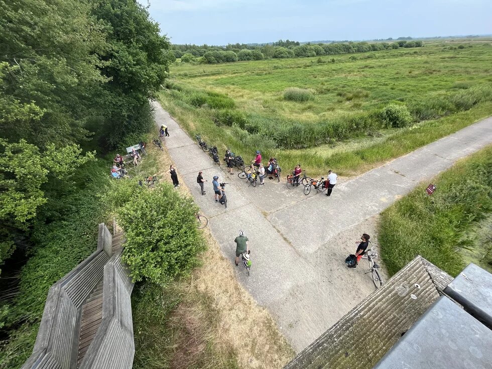 Foto von einem Aussichtsturm nach unten, man sieht die Reisegruppe von oben