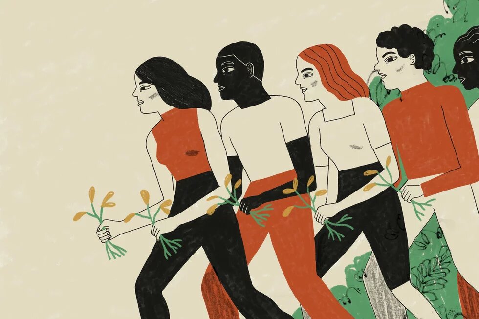 Illustration: Five people walk side by side holding branches with yellow flowers. The background is light, with hints of green bushes.