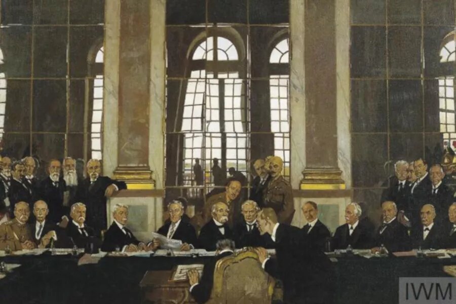 Unterzeichnung des Versailler Vertrags 1919 - Gemälde von William Orpen Unterzeichnung des Versailler Vertrags 1919 - Gemälde von William Orpen