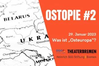 Ostopie #2 Das Bild ist zweigeteilt: Rechts sieht man eine schwarz-weiß Karte von Osteuropa. Links ist der Hintergrund orange und darauf steht in weißer Schrift. OSTOPIE #2.