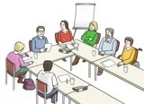 Zeichnung von Menschen, die an einem Tisch sitzen und gemeinsam an etwas arbeiten.